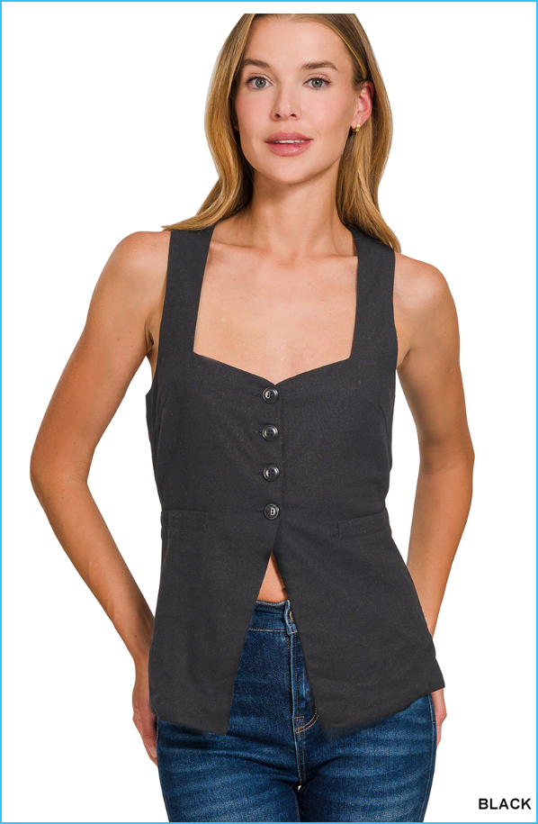 Linen Tie-Back 4-Button Vest With Lining