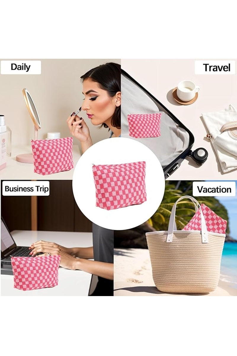 Checkered Cosmetic Makeup Pouch Clutch Bag