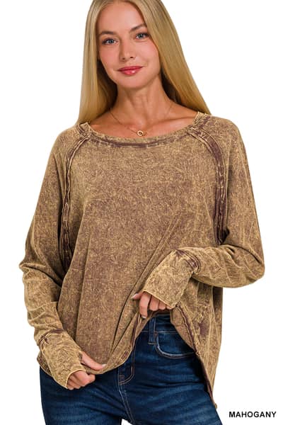 Crinkle Washed Thumb Hole Cuffs Long Sleeve Top