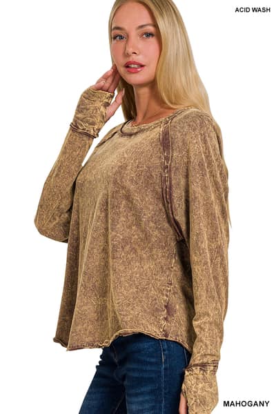 Crinkle Washed Thumb Hole Cuffs Long Sleeve Top