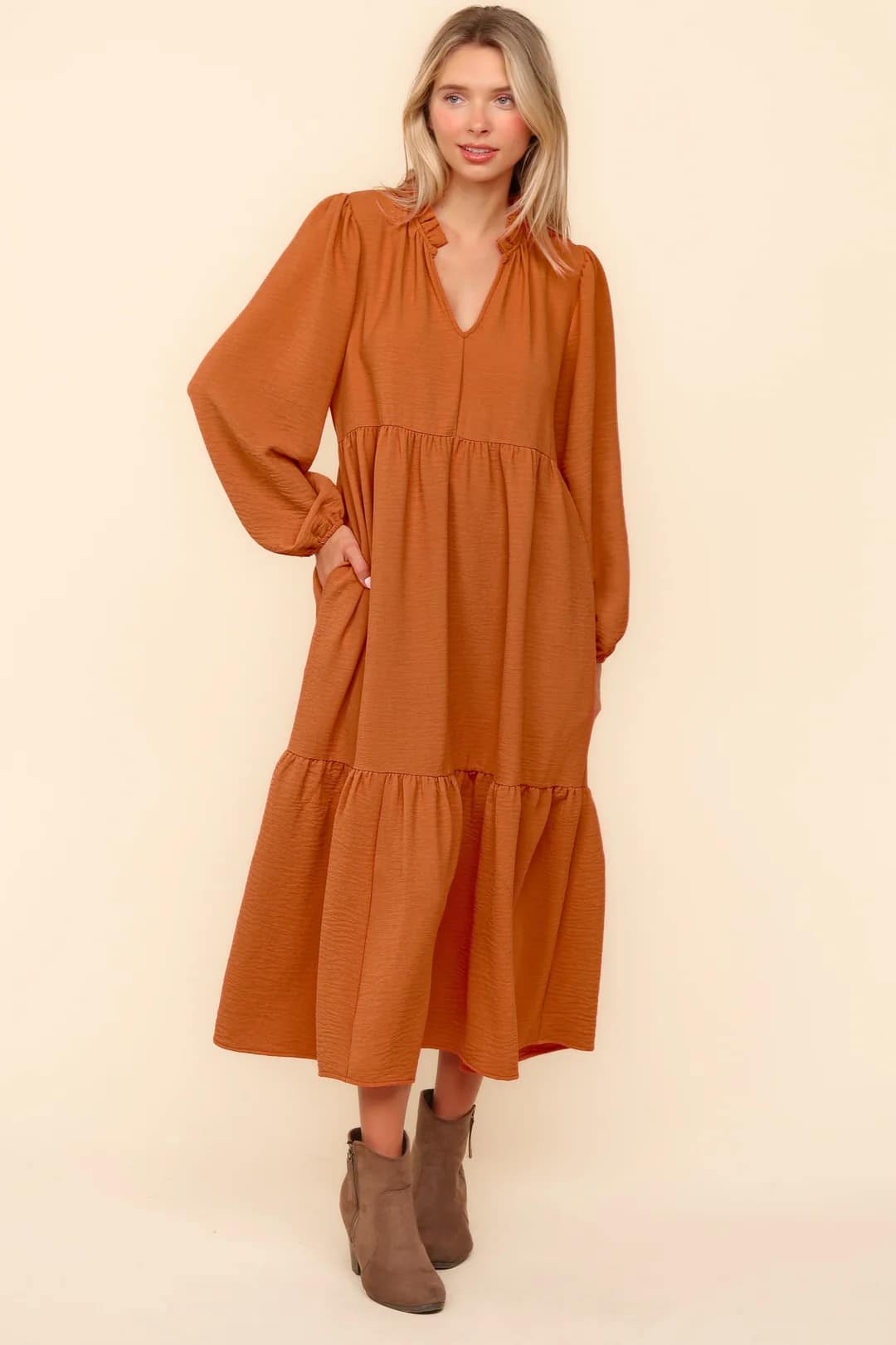 Pumpkin Babydoll Woven Maxi Dress with Side Pockets