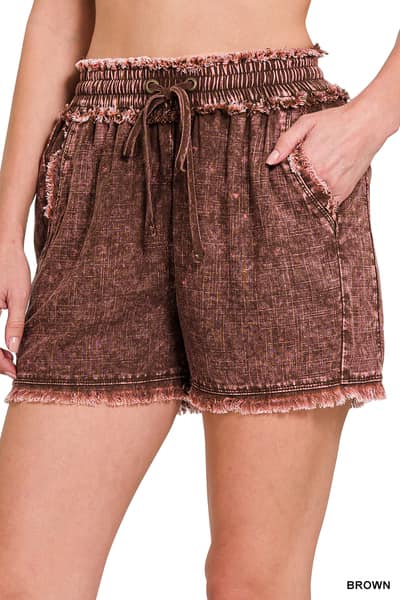 Washed Linen Frayed Hem Drawstring Shorts