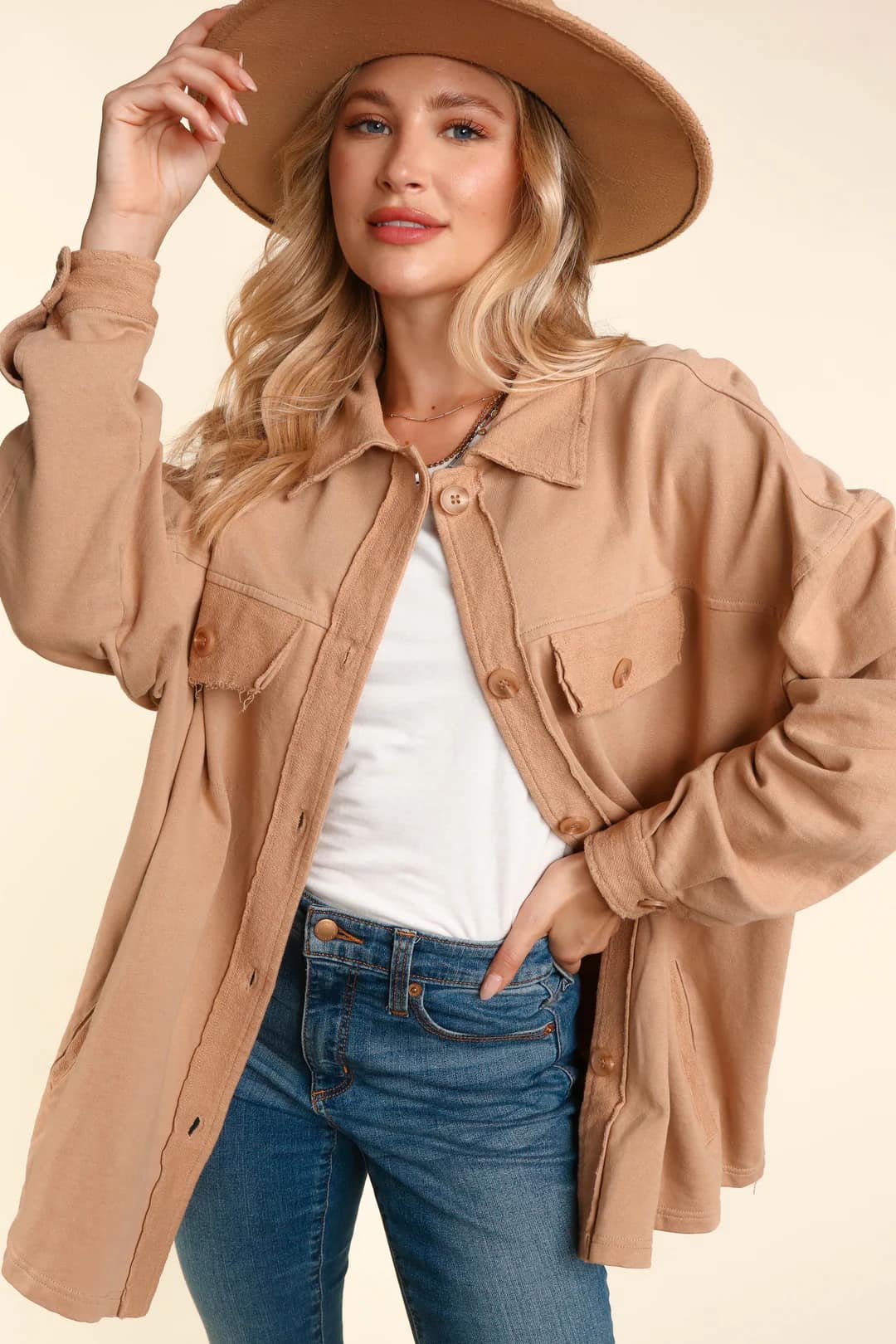 Plus Latte Terry Button Down Oversized Shirt Jacket