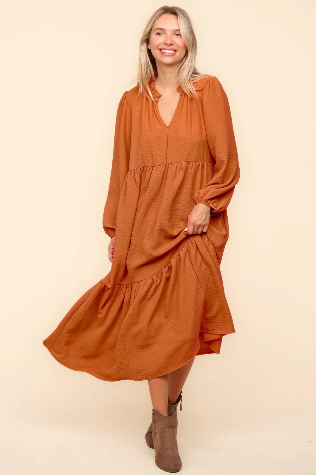 Pumpkin Babydoll Woven Maxi Dress with Side Pockets