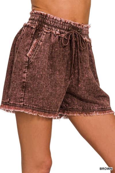 Washed Linen Frayed Hem Drawstring Shorts