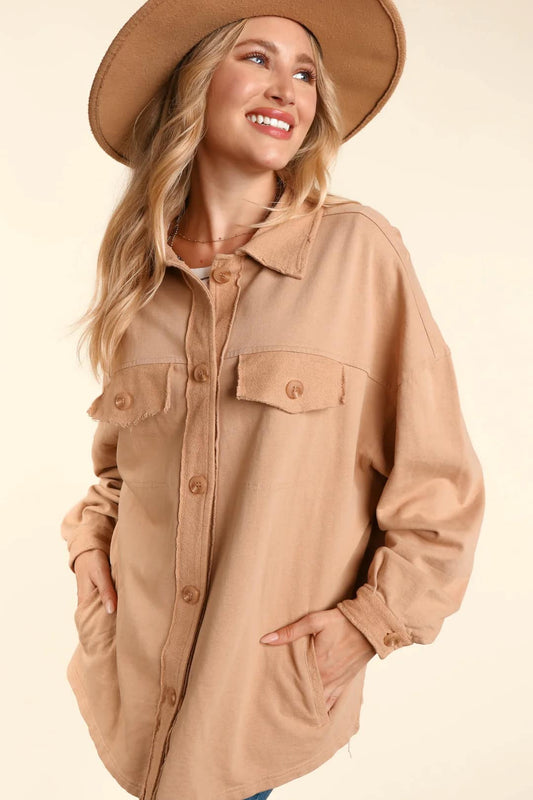 Plus Latte Terry Button Down Oversized Shirt Jacket