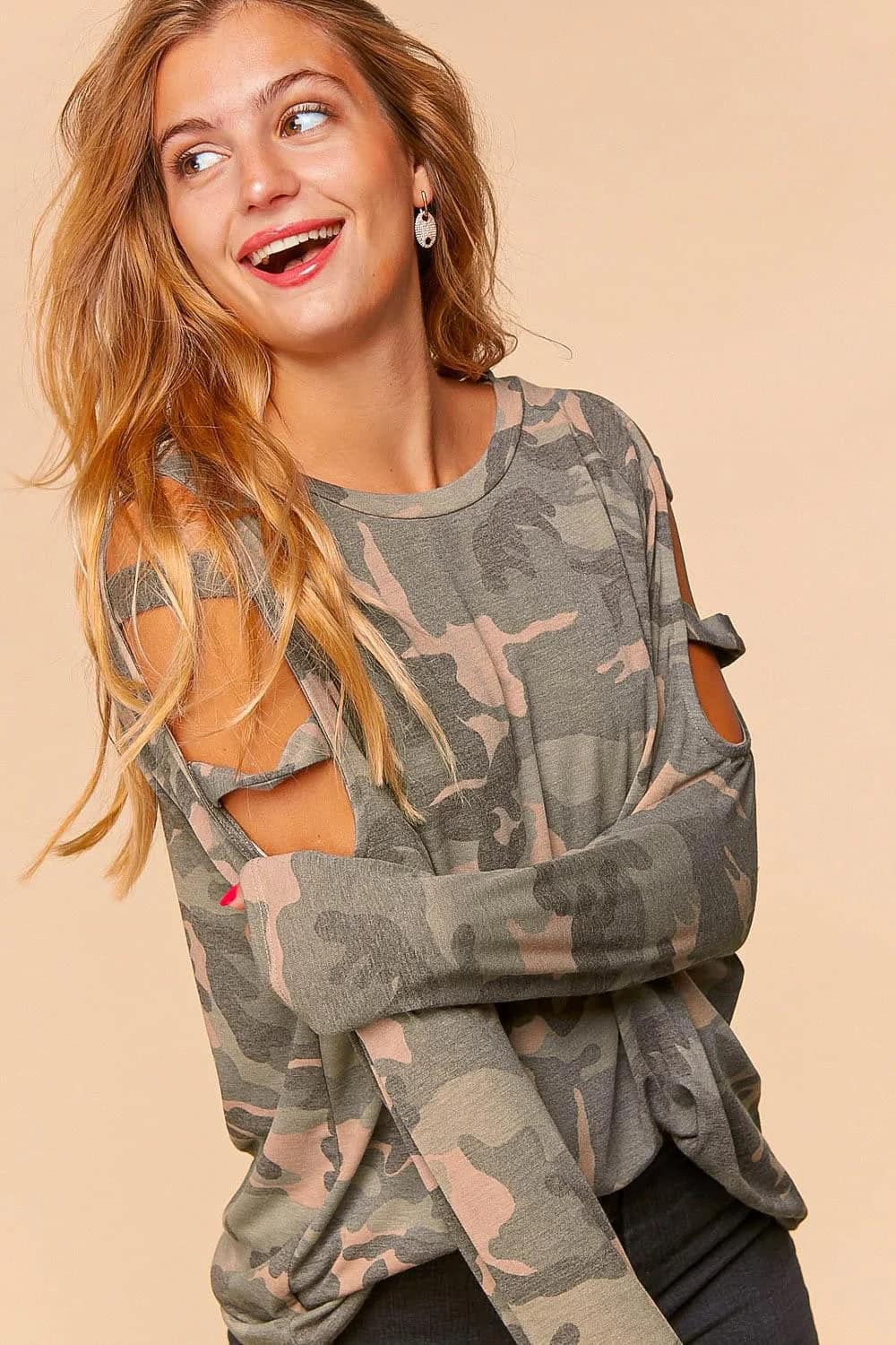 Plus Camo Cut Out Cold Shoulder Raglan Knit Top