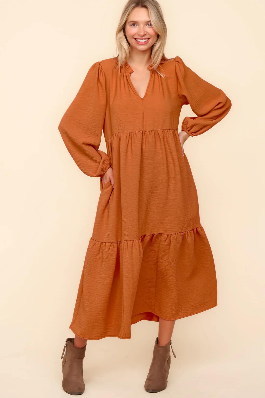 Pumpkin Babydoll Woven Maxi Dress with Side Pockets