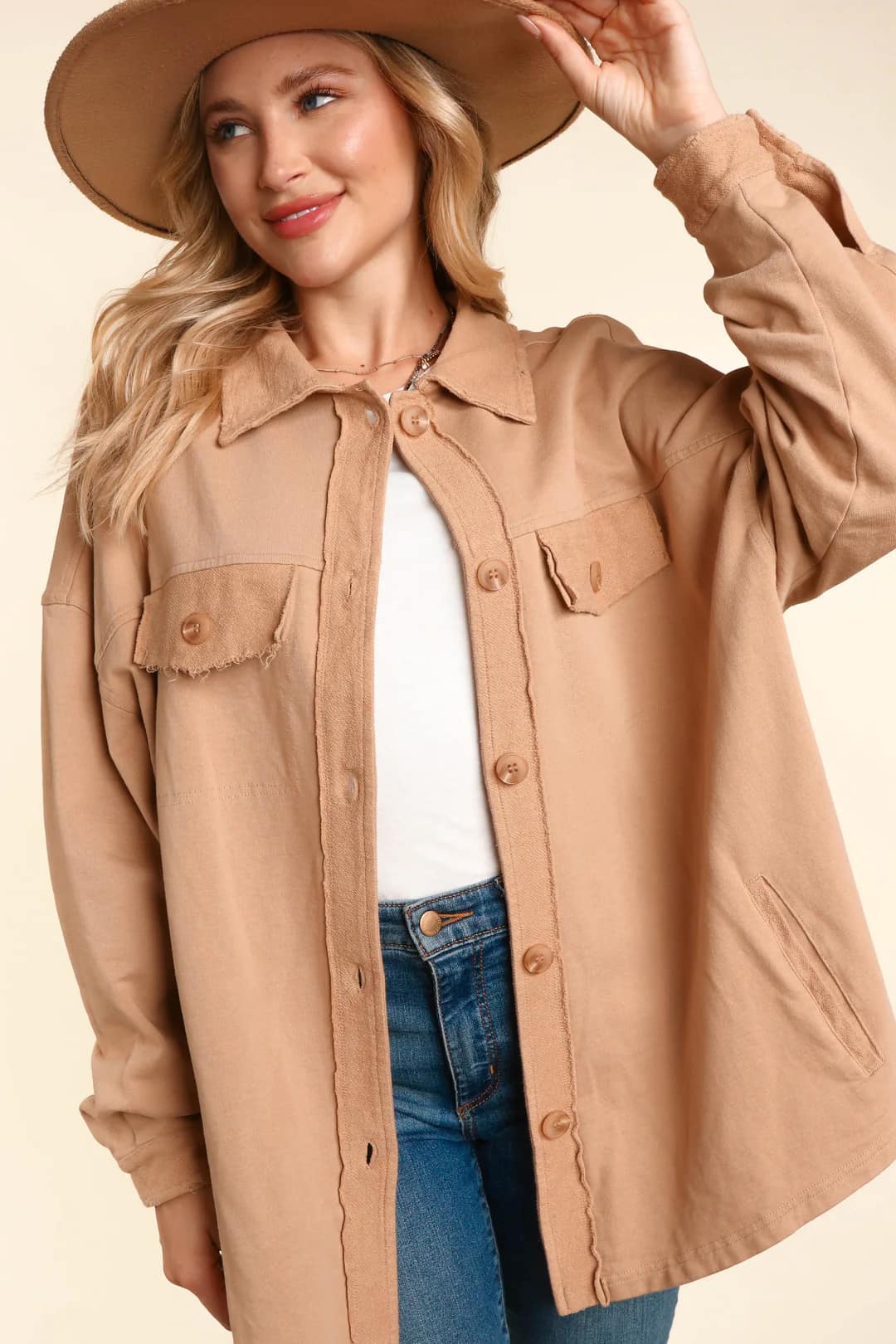 Plus Latte Terry Button Down Oversized Shirt Jacket