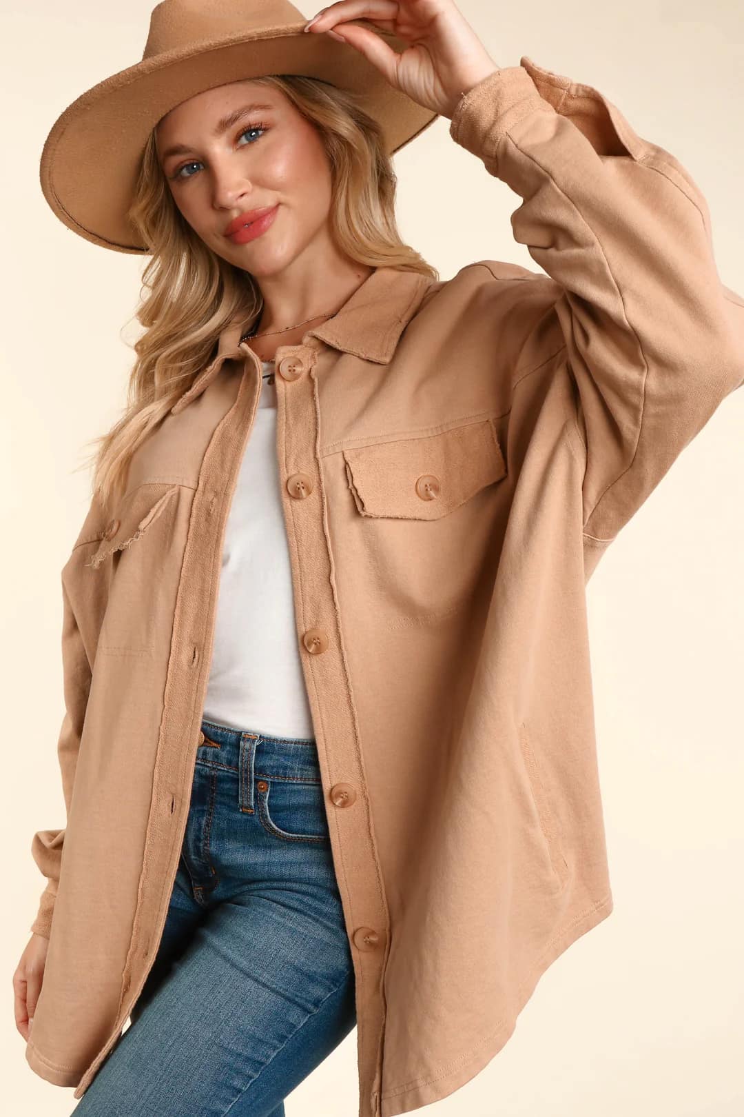 Plus Latte Terry Button Down Oversized Shirt Jacket