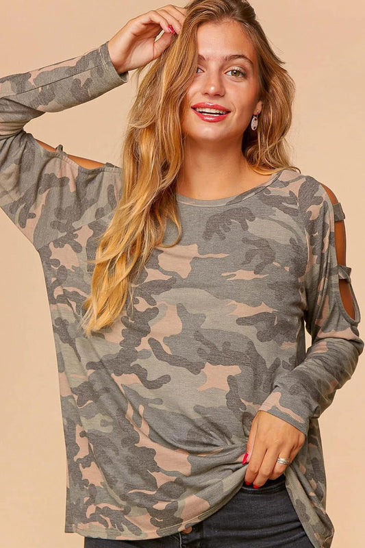 Plus Camo Cut Out Cold Shoulder Raglan Knit Top