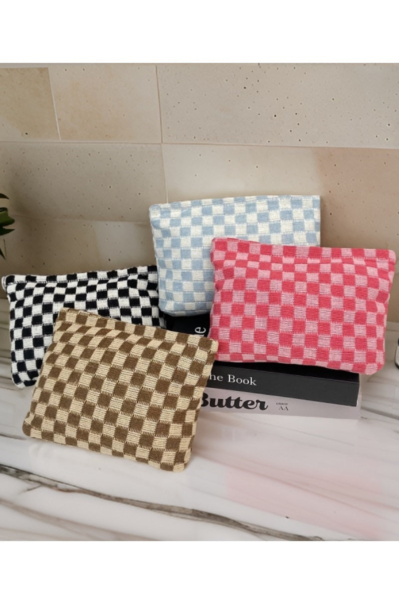 Checkered Cosmetic Makeup Pouch Clutch Bag