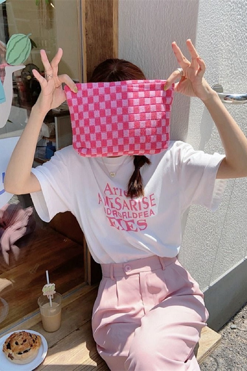 Checkered Cosmetic Makeup Pouch Clutch Bag