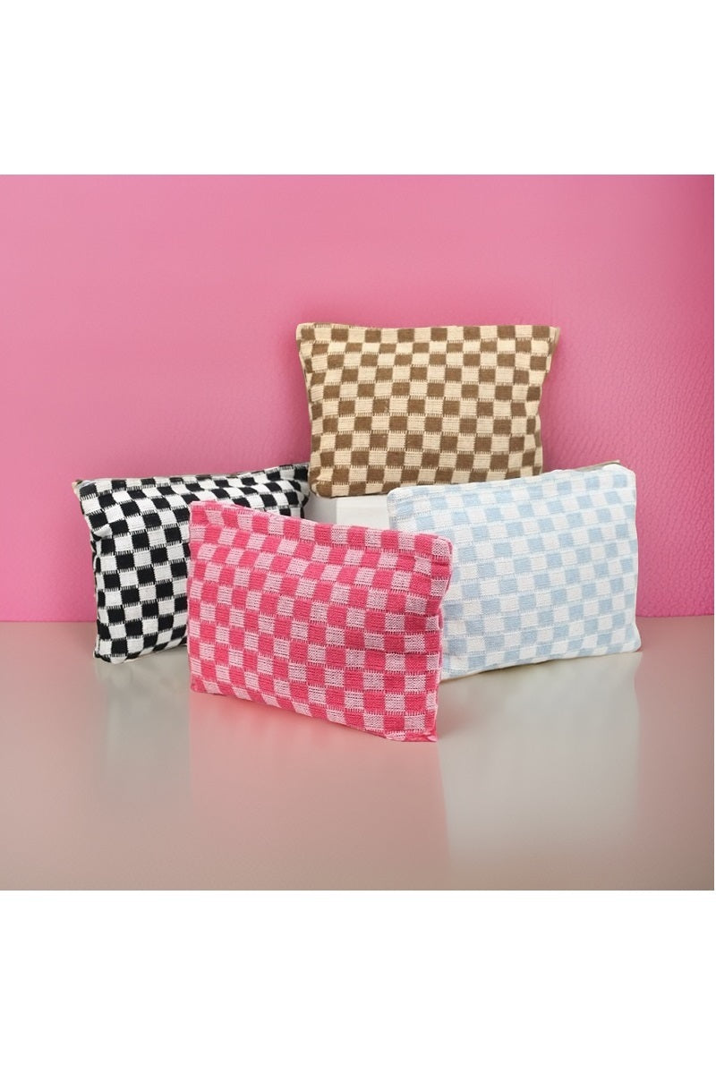 Checkered Cosmetic Makeup Pouch Clutch Bag