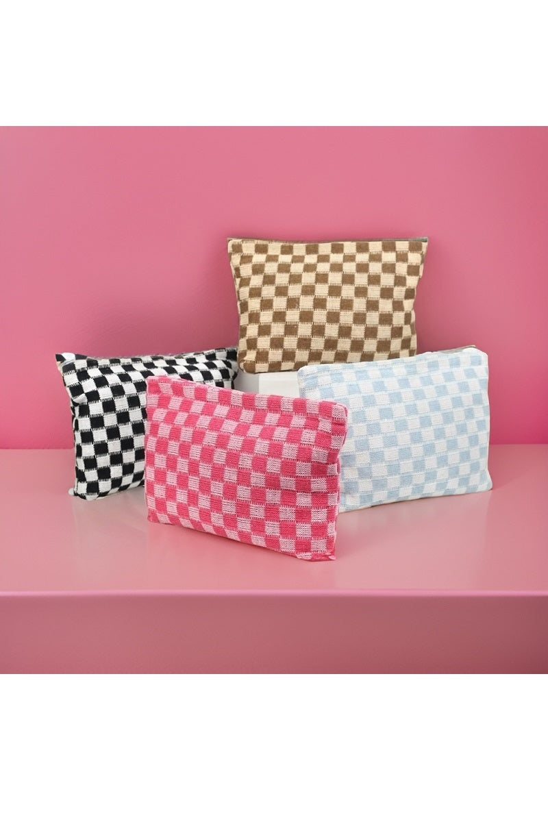 Checkered Cosmetic Makeup Pouch Clutch Bag