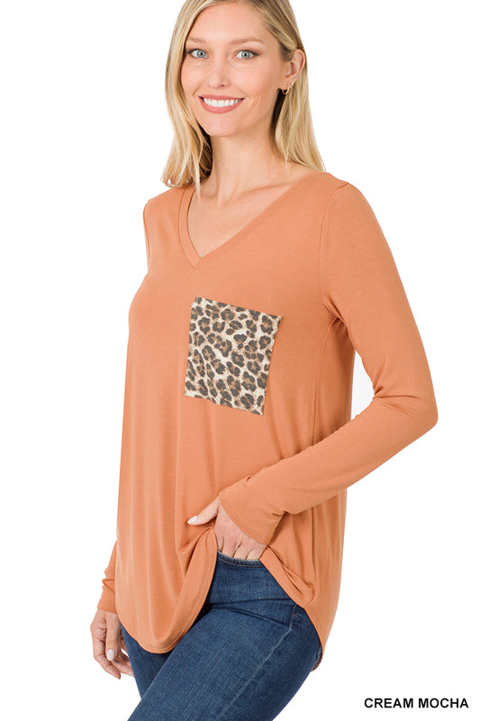 Luxe Rayon Long Sleeve V-Neck Leopard Pocket Top