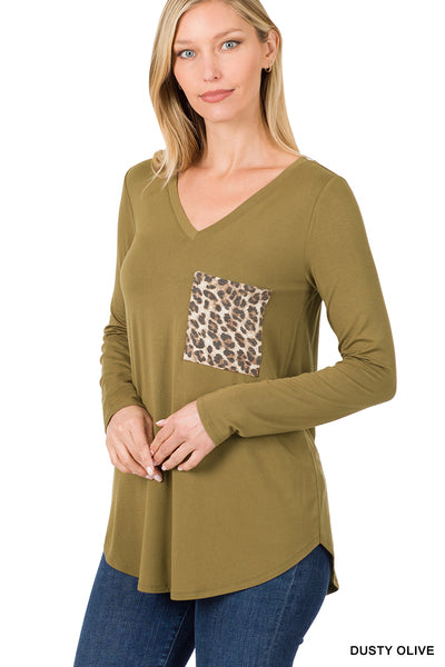 Luxe Rayon Long Sleeve V-Neck Leopard Pocket Top