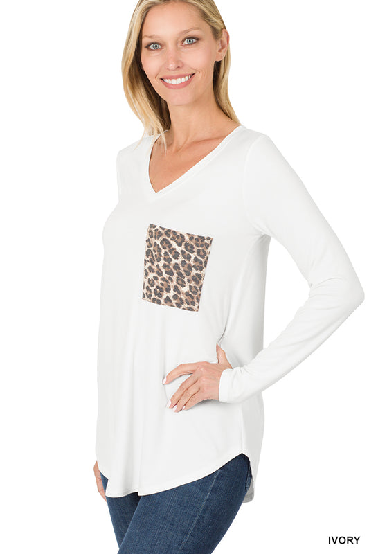 Luxe Rayon Long Sleeve V-Neck Leopard Pocket Top