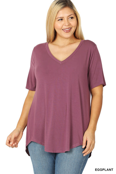 Plus Luxe Rayon Short Sleeve V-Neck Hi-Low Hem Top