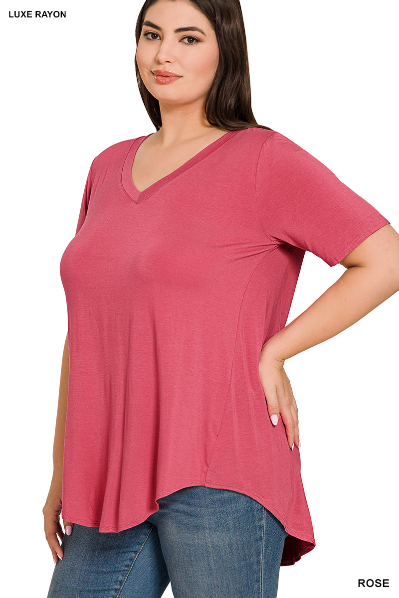 Plus Luxe Rayon Short Sleeve V-Neck Hi-Low Hem Top