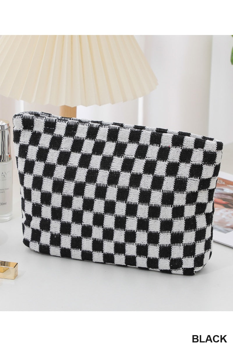 Checkered Cosmetic Makeup Pouch Clutch Bag