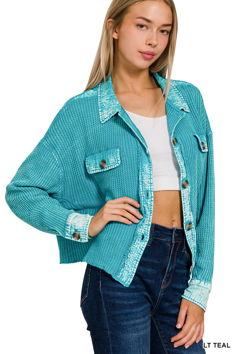 Acid Wash Oversized Cotton Waffle Cropped Shacket