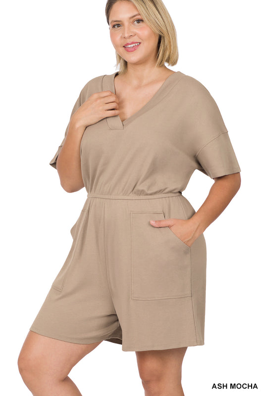 Drop Shoulder V-Neck Romper with Pockets