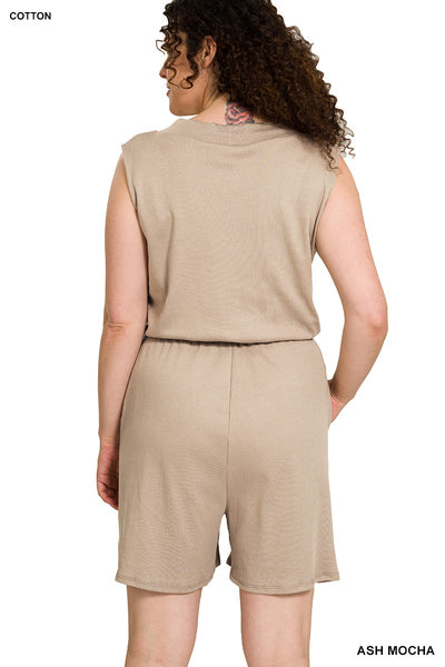 Plus Cotton Sleeveless Romper with Pockets