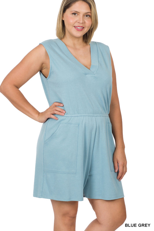 Plus Cotton Sleeveless Romper with Pockets