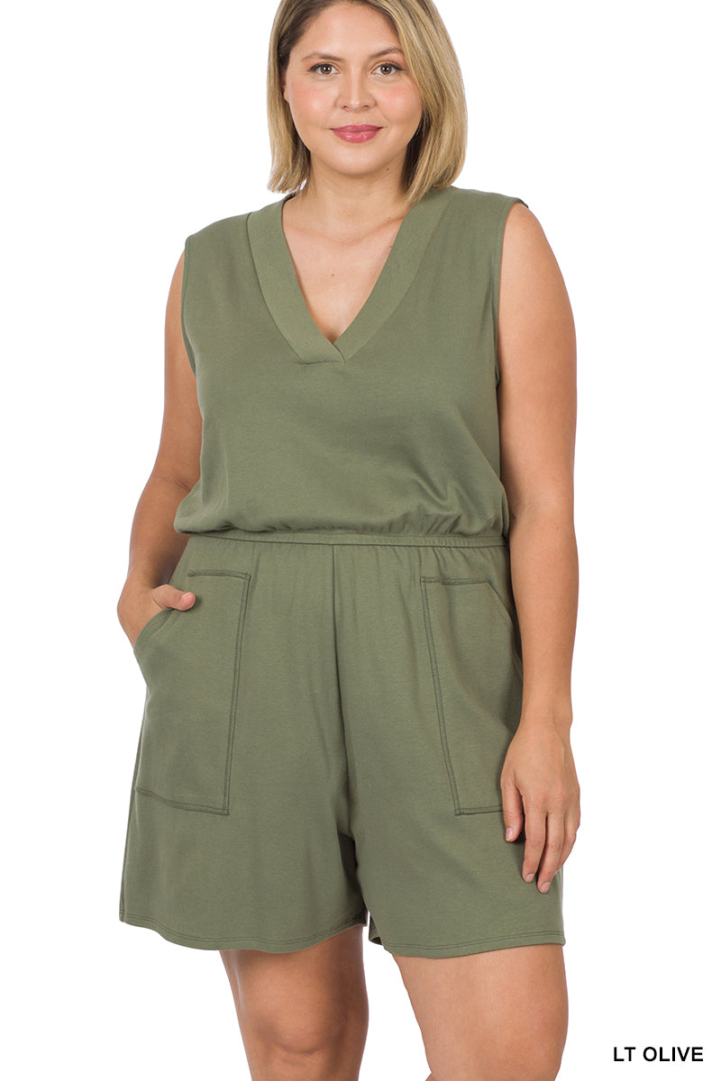 Plus Cotton Sleeveless Romper with Pockets