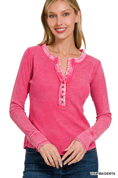 Washed Baby Waffle Henley Neckline Long Sleeve Top