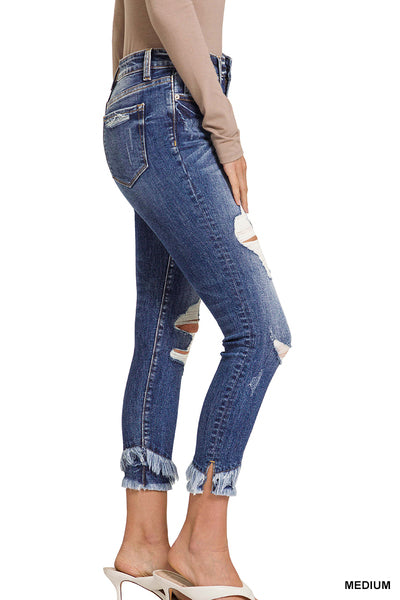 Mid-Rise Distressed Crop Skinny Denim Pants