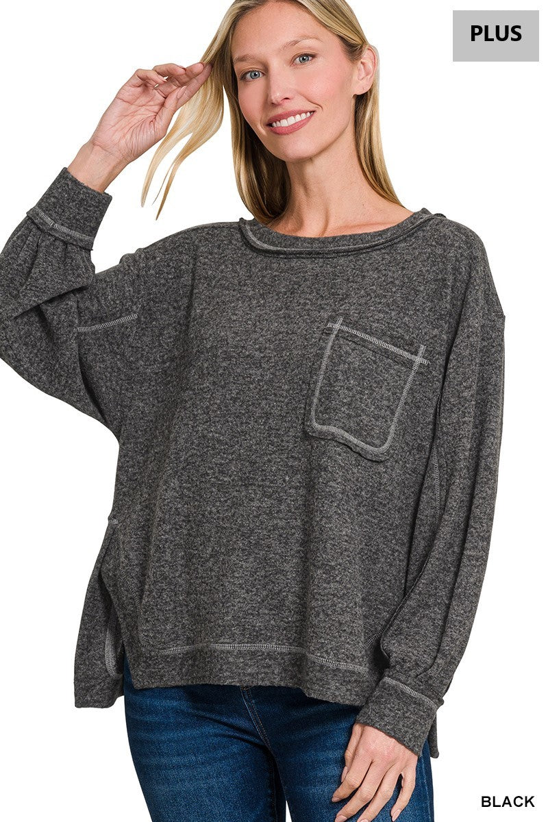 Plus Brushed Hacci Hi-Low Round Neck Sweater