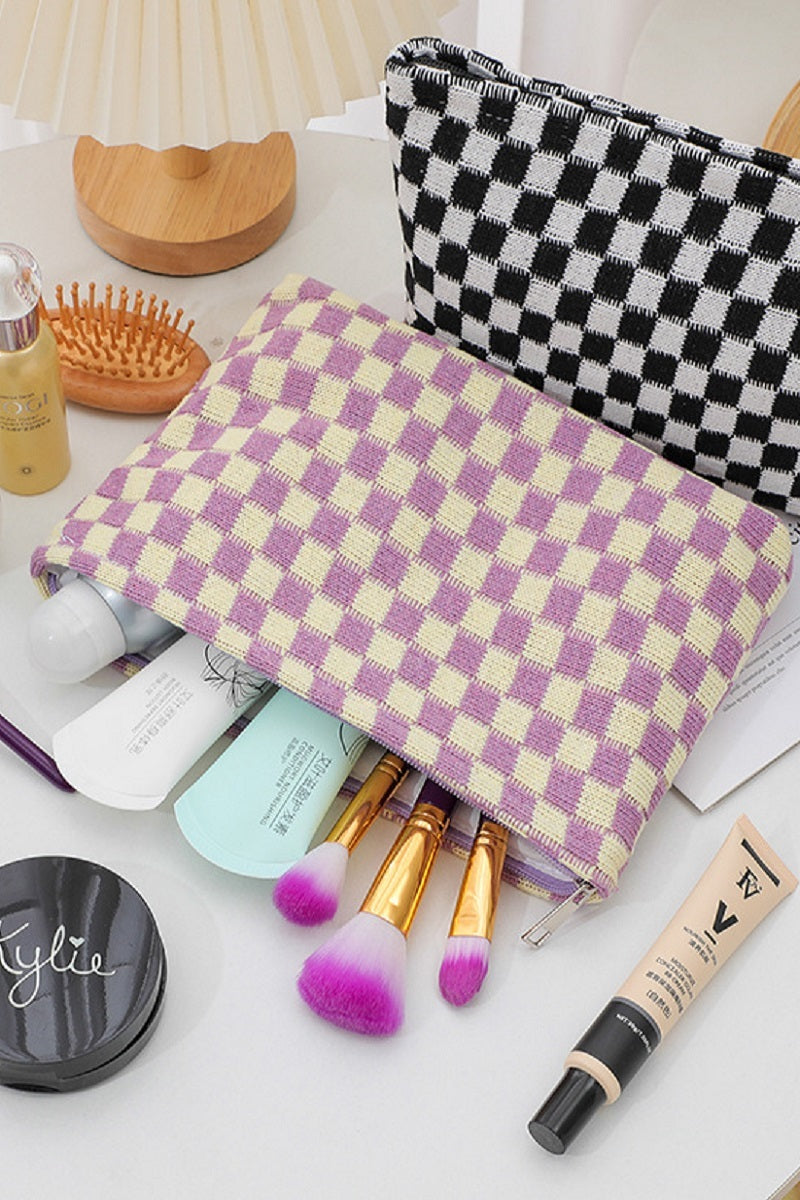 Checkered Cosmetic Makeup Pouch Clutch Bag