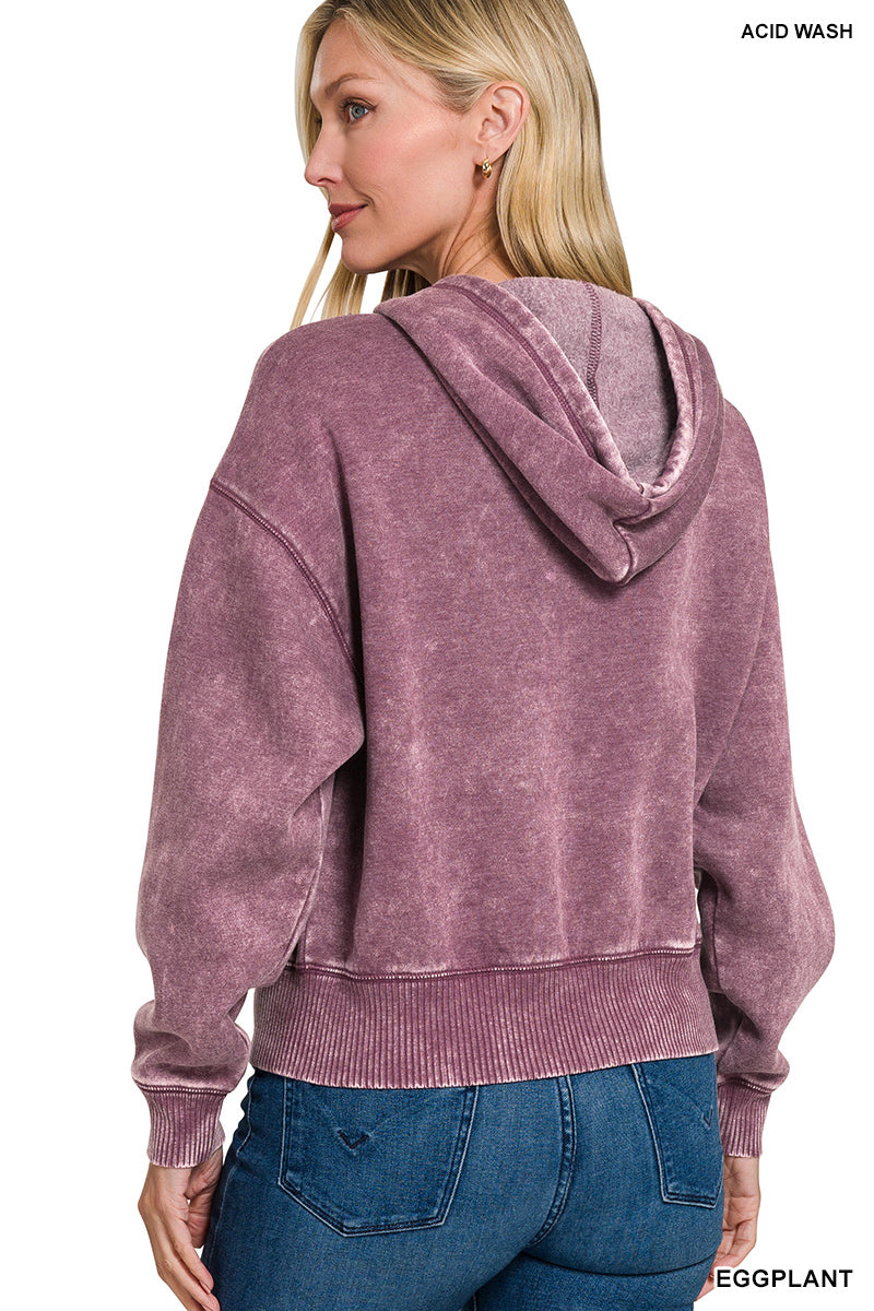 Acid Wash Fleece Cropped Zip-Up Hoodie with Pockets