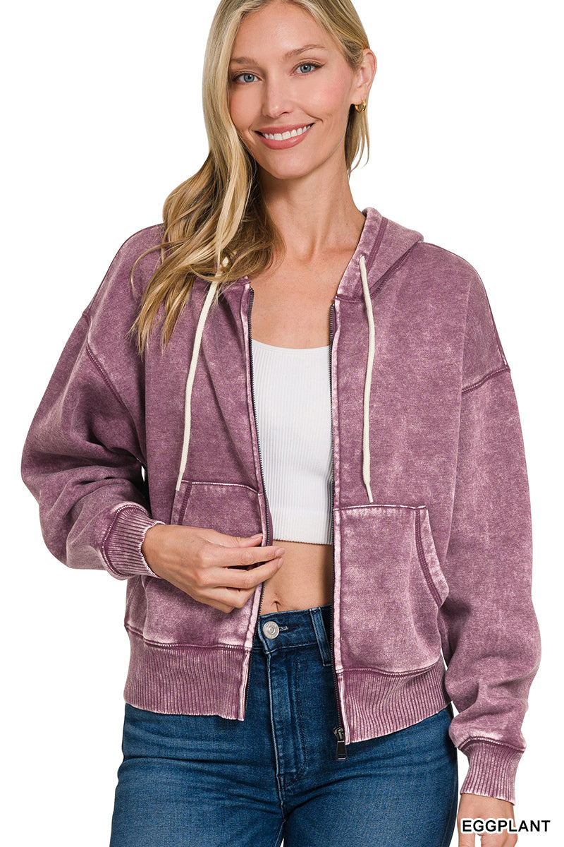 Acid Wash Fleece Cropped Zip-Up Hoodie with Pockets