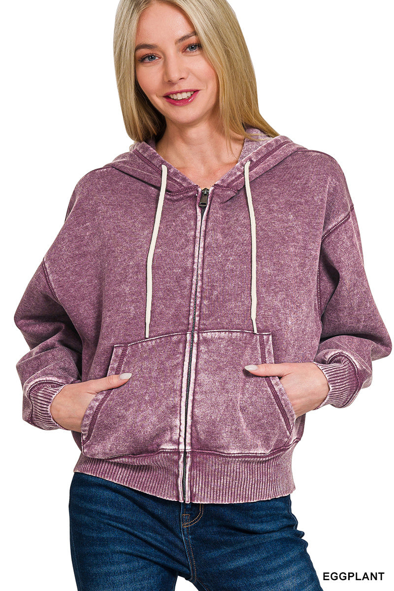 Acid Wash Fleece Cropped Zip-Up Hoodie with Pockets