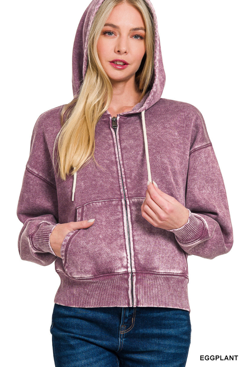 Acid Wash Fleece Cropped Zip-Up Hoodie with Pockets