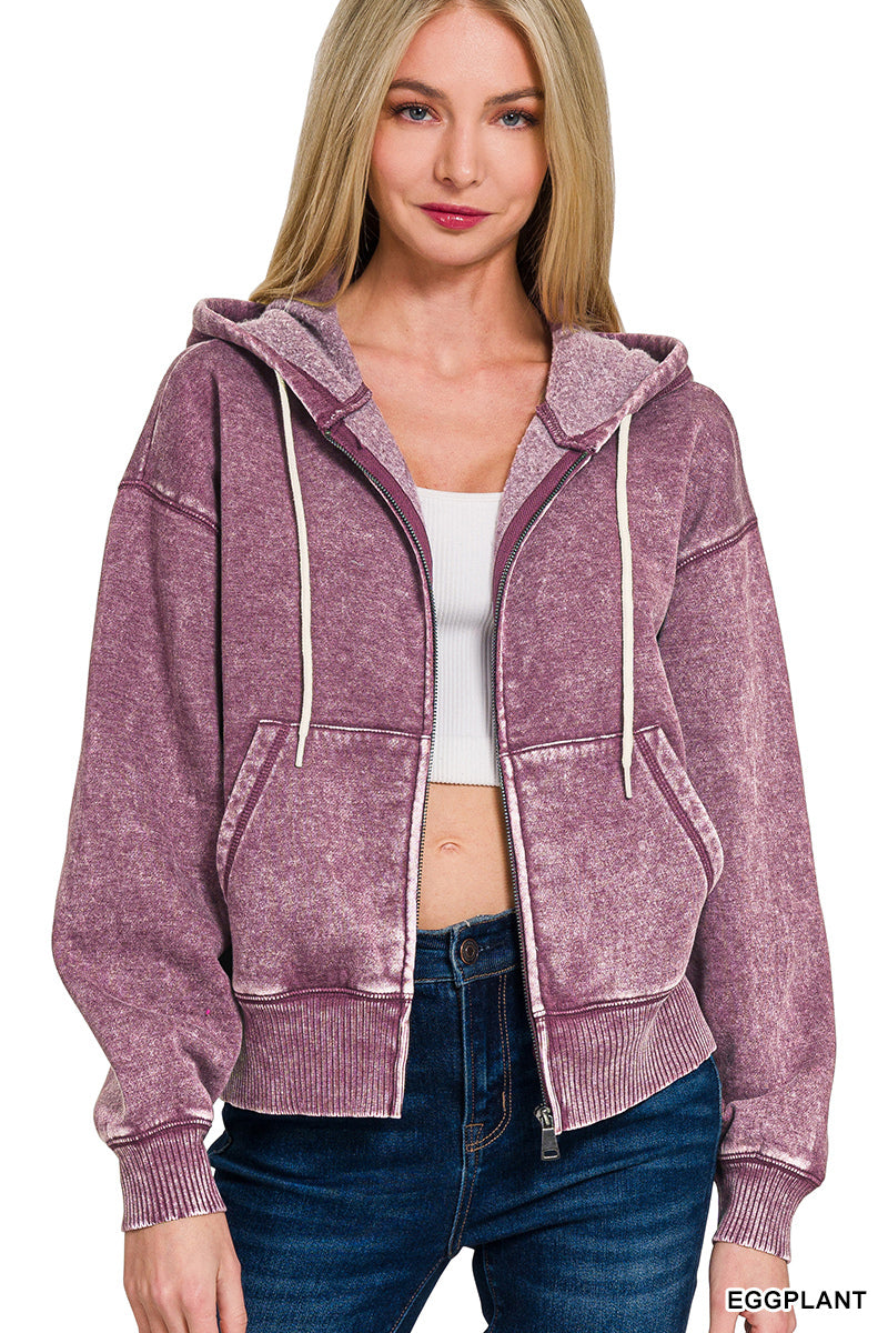 Acid Wash Fleece Cropped Zip-Up Hoodie with Pockets