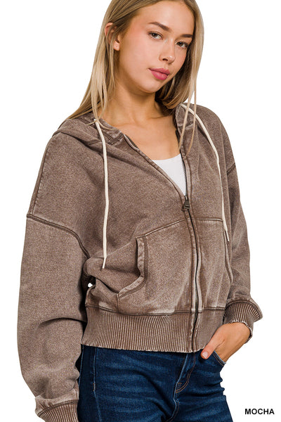 Acid Wash Fleece Cropped Zip-Up Hoodie with Pockets