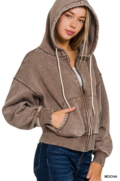 Acid Wash Fleece Cropped Zip-Up Hoodie with Pockets