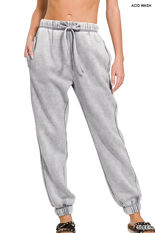 Acid Wash Fleece Sweatpants with Pockets