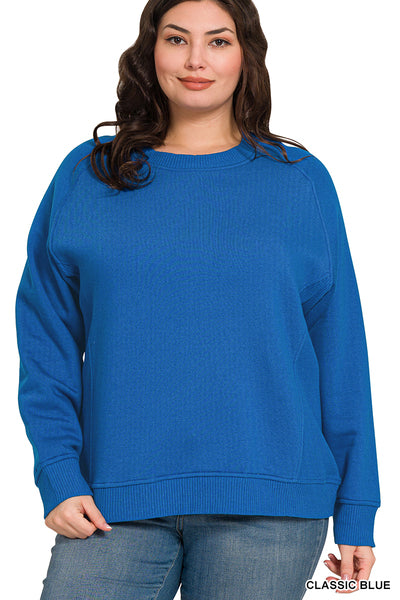 Plus Fleece Round Neck Ribbed Side Raglan Sweatshirt