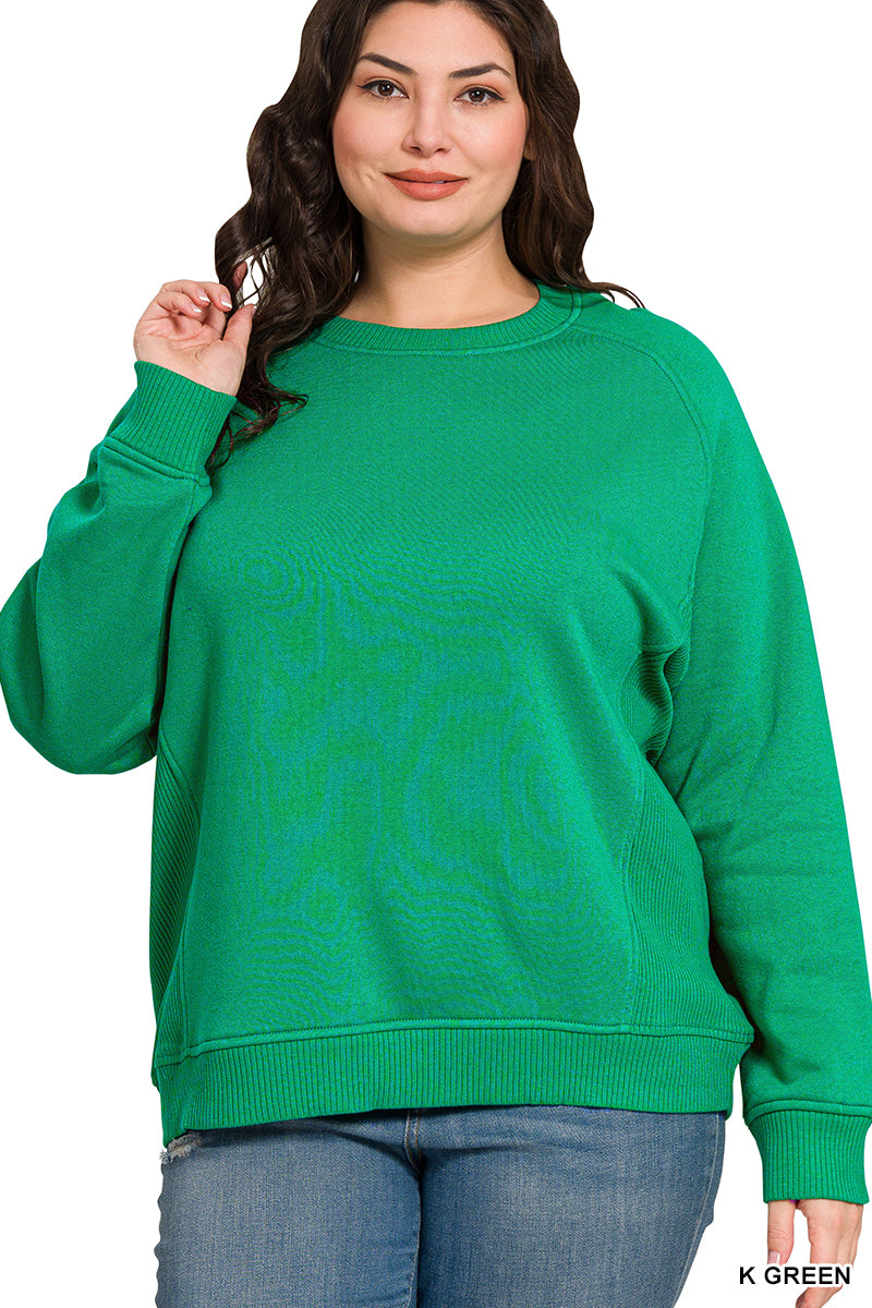 Plus Fleece Round Neck Ribbed Side Raglan Sweatshirt