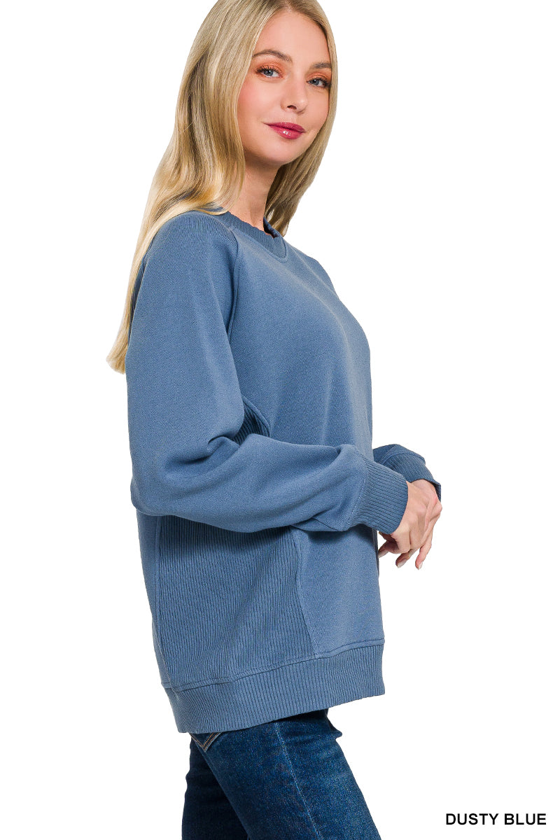 Fleece Round Neck Ribbed Side Raglan Sweatshirt