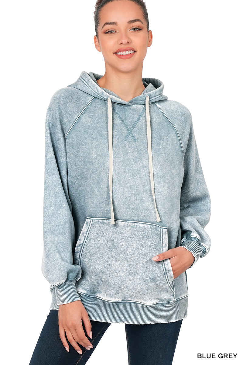 Acid Wash Fleece Hoodie with Pockets