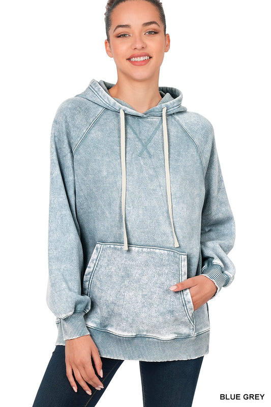 Acid Wash Fleece Hoodie with Pockets