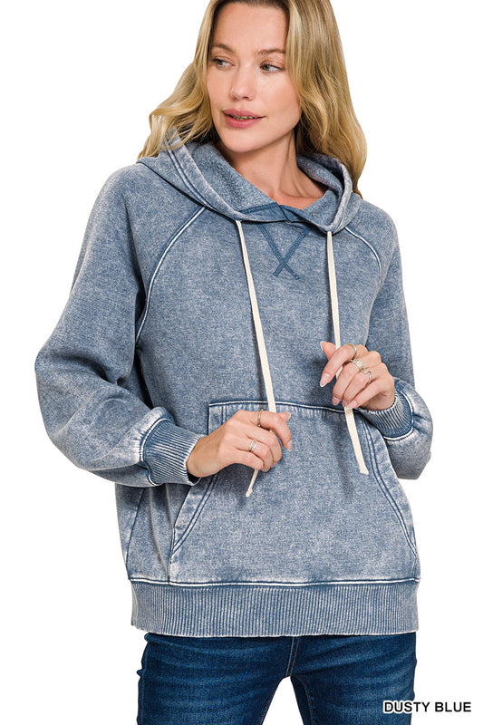 Acid Wash Fleece Hoodie with Pockets