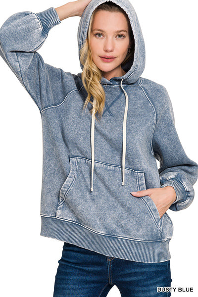 Acid Wash Fleece Hoodie with Pockets