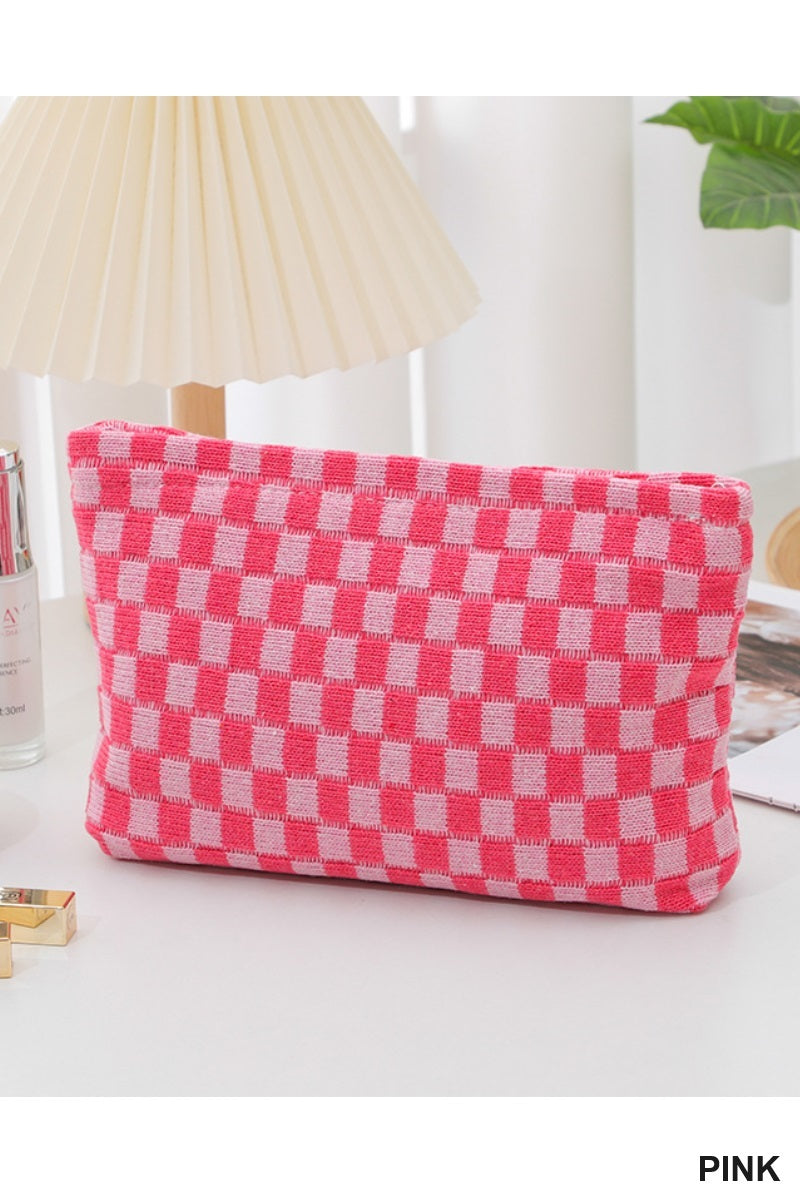 Checkered Cosmetic Makeup Pouch Clutch Bag